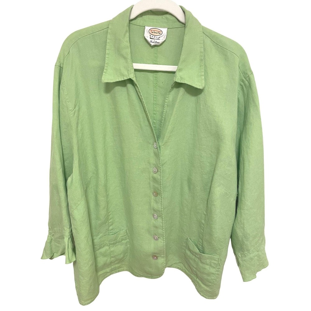 Talbots Irish‎ Linen Blouse Jacket Vintage Button Front Green 3/4 Sleeve Pockets